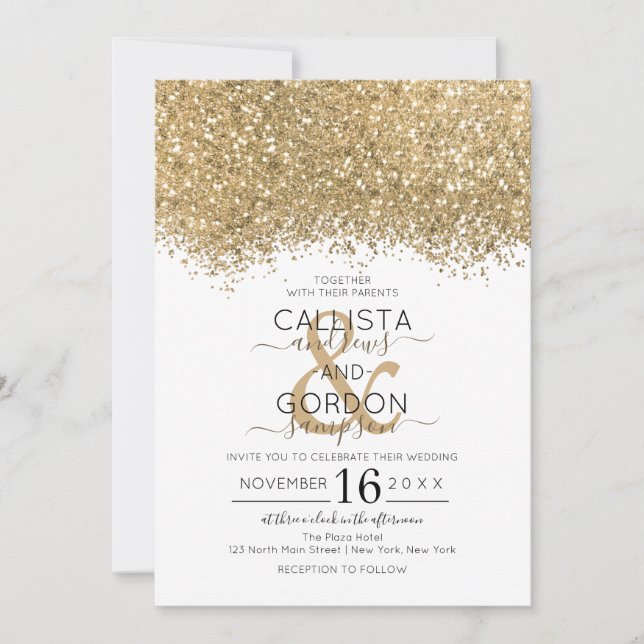 Modern Luxury Gold White Glitter Confetti Wedding Invitation (Front)