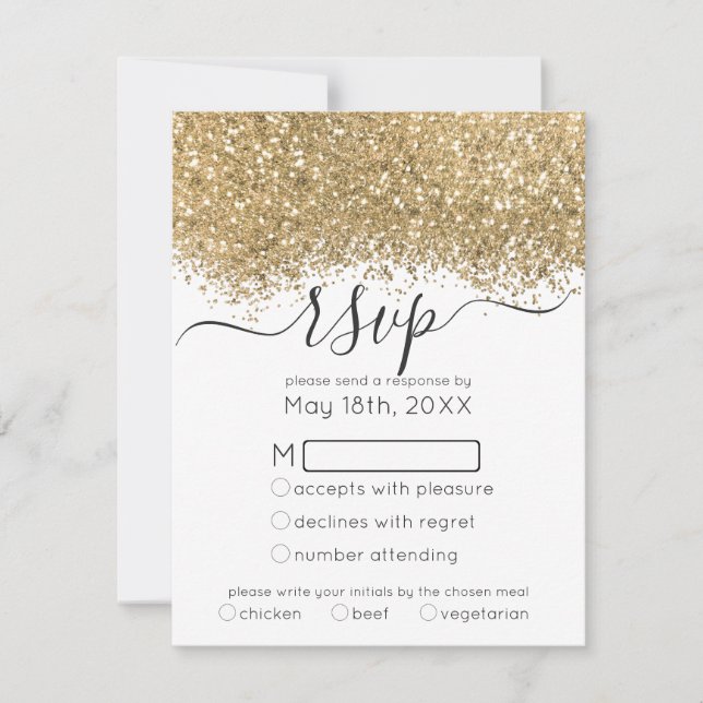 Modern Luxury Gold White Glitter Confetti Wedding RSVP Card (Front)
