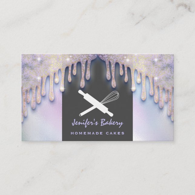 Modern luxury holographic rolling pin whisk bakery business card (Front)