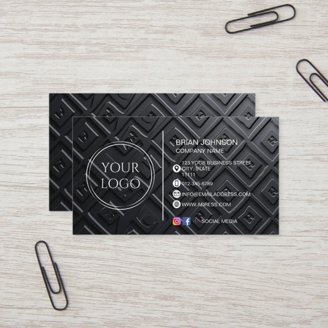 Modern luxury matte black custom logo social media business card (Front/Back In Situ)
