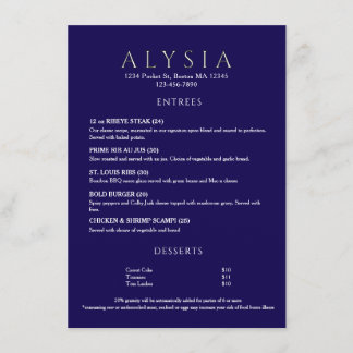 Modern Luxury Navy Floral Restaurant Menu