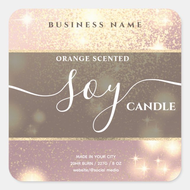 Modern luxury sparkle script soy candle label (Front)