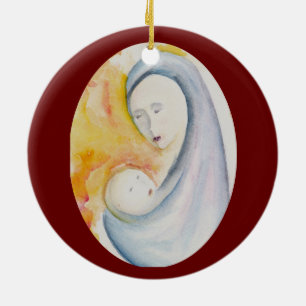 Modern Madonna and Child Deep Red Joy to the World Ceramic Ornament