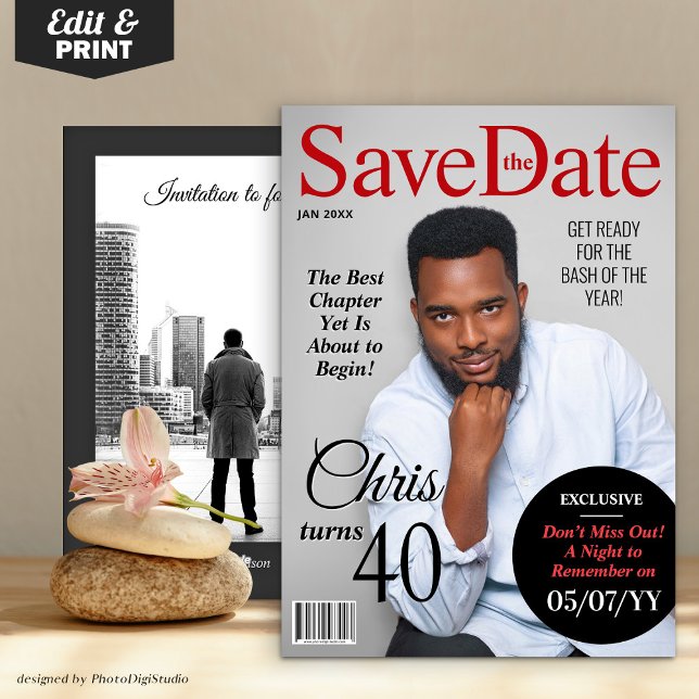Modern Magazine Birthday Save the Date Invite (Modern Magazine Birthday Save the Date Invitation for Men)