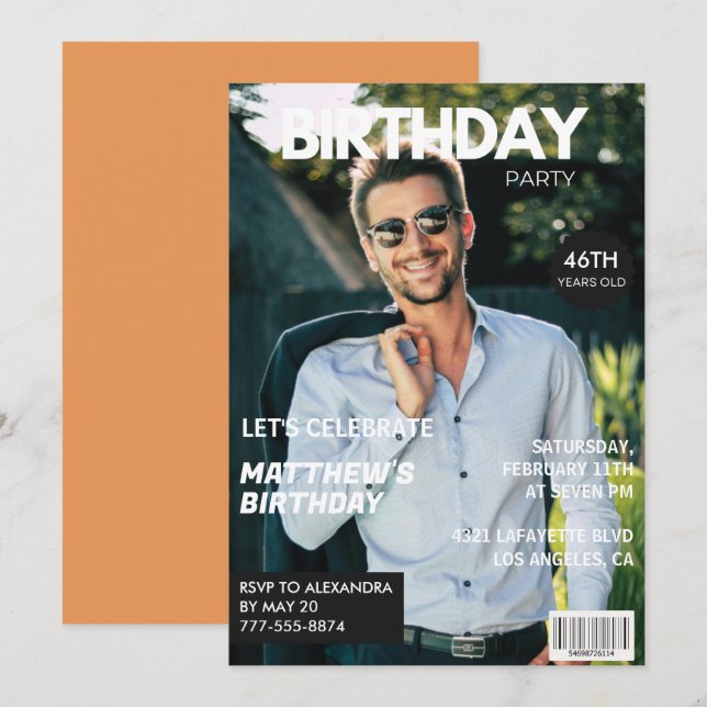 Modern Magazine Cover for him 46th birthday Invitation (Front/Back)