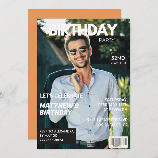 Modern Magazine Cover for him 52nd birthday Invitation (Front/Back)