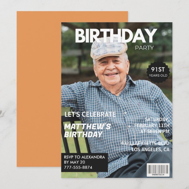 Modern Magazine Cover for him Photo 91st birthday Invitation (Front/Back)