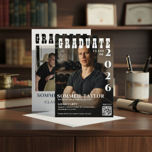 Modern Magazine Cover Photo Male Grad QR Code Invitation