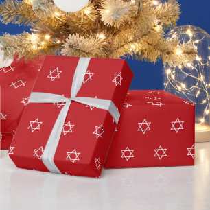 Modern Magen David red white pattern Hanukkah Wrapping Paper