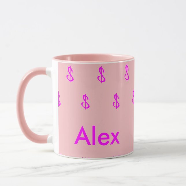 Modern Magenta and Pink Money Pattern Monogram Mug (Left)