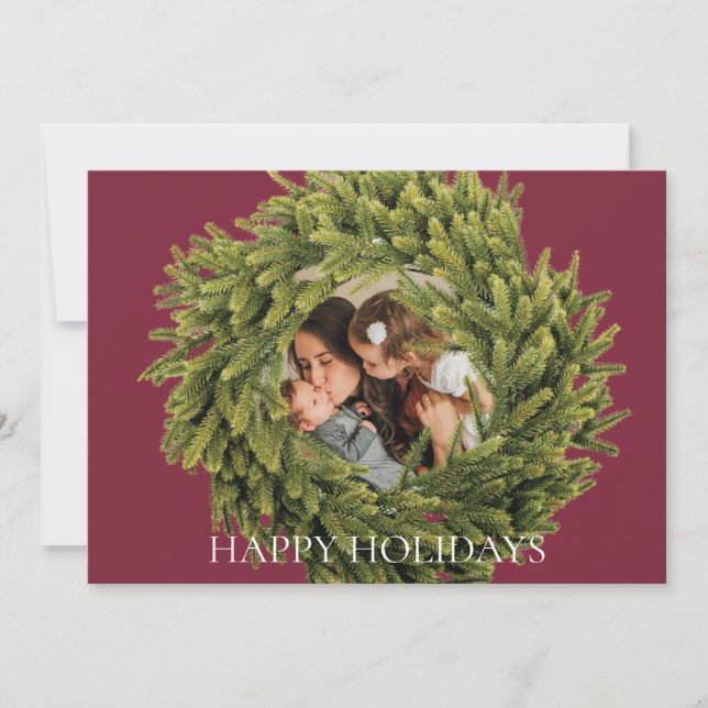 Modern magenta Christmas Wreath Photo Holiday Card (Front)