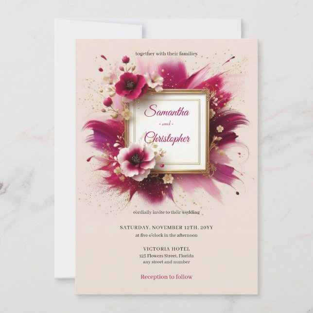 Modern magenta flowers and gold frame wedding invitation (Front)