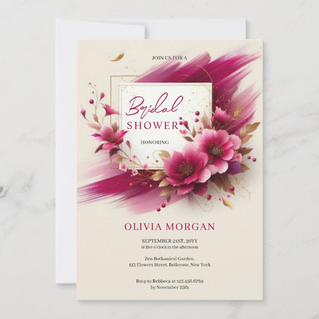 Modern magenta flowers gold frame Bridal Invitation (Front)