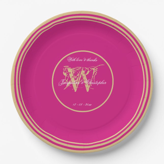 Modern Magenta + Gold Monogram Chic Wedding Paper Plate (Front)