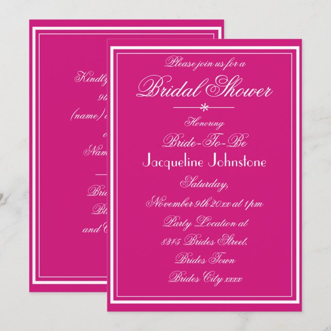 Modern Magenta Name Script RSVP Chic Bridal Shower Invitation (Front/Back)