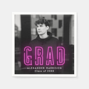 Modern Magenta Neon Photo Graduation Napkin