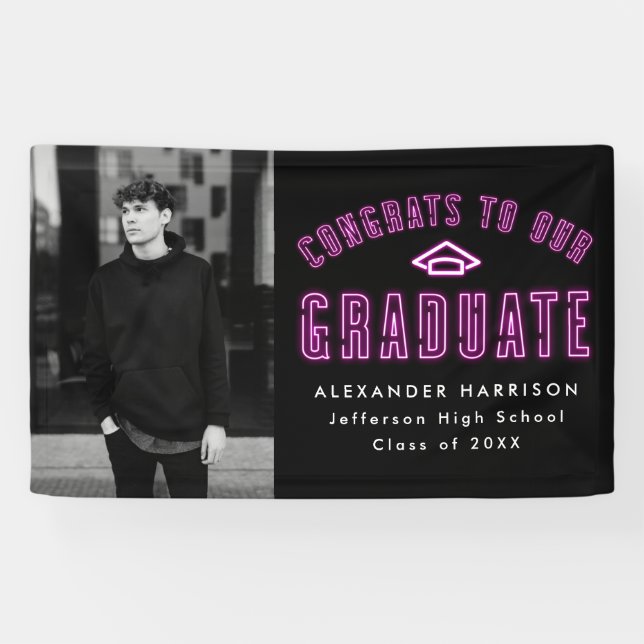 Modern Magenta Neon Photo Graduation Party Banner (Horizontal)