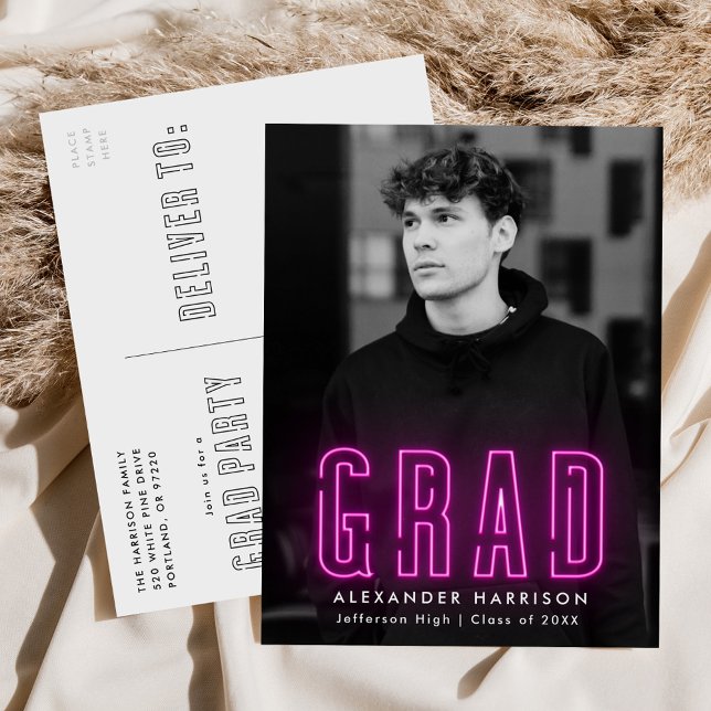 Modern Magenta Neon Photo Graduation Party Invitation Postcard (Creator Uploaded)