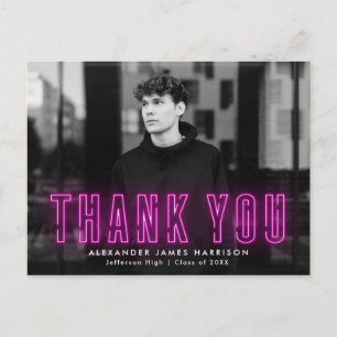 Modern Magenta Neon Photo Graduation Thank You Postcard