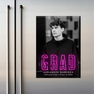 Modern Magenta Neon Vertical Photo Graduation Magnetic Invitation