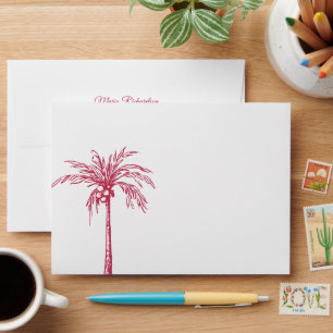 Modern Magenta Palm Tree Beach Wedding Envelope