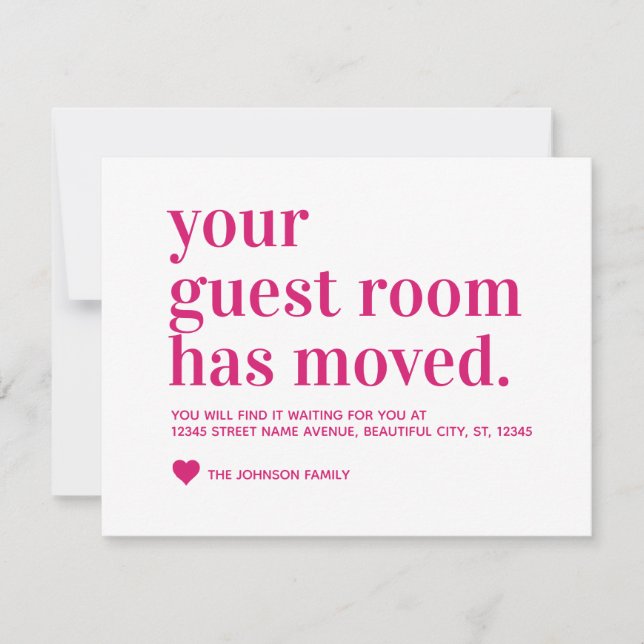 Modern Magenta Pink Typography Guest Room Moving Announcement (Front)