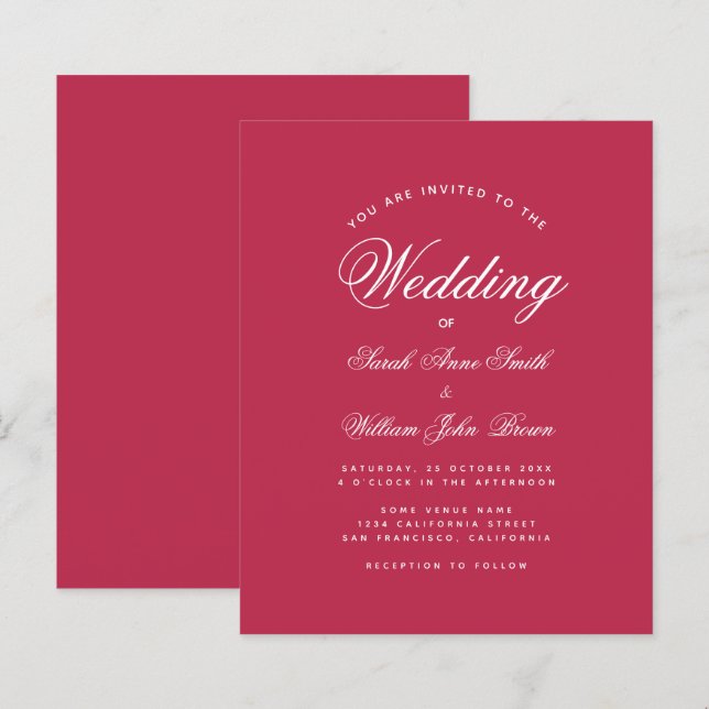 Modern Magenta Red Budget Wedding Invitation (Front/Back)