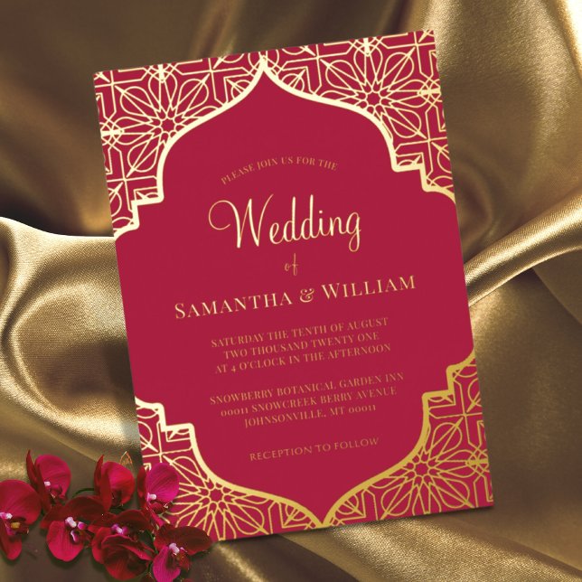 Modern Magenta Red Gold Wedding Foil Invitation (Creator Uploaded)