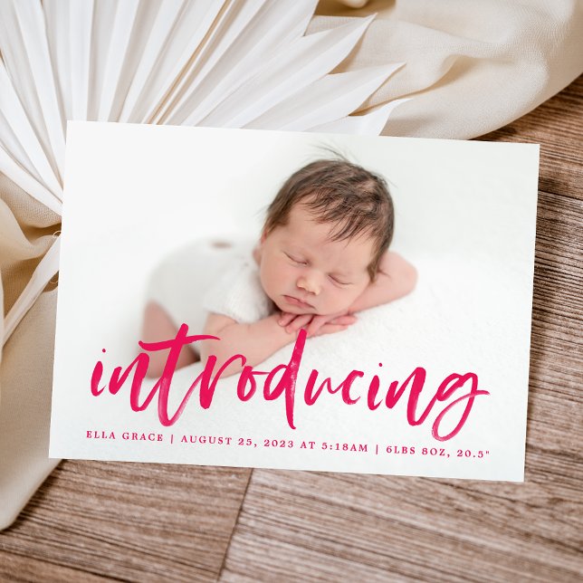 Modern Magenta Script Introducing Photo Birth Announcement (Creator Uploaded)