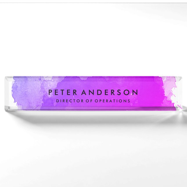 Modern Magenta Watercolor Desk Nameplate (Front)