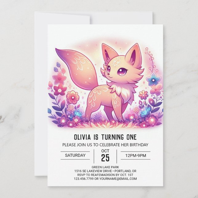 Modern Magical Fox 1st Birthday Invitation (Front)
