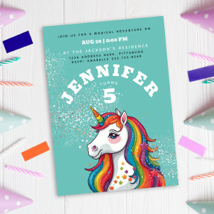 Modern Magical Rainbow Unicorn Horse On Aqua Blue  Invitation
