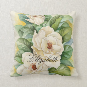 Modern Magnolia Add Name Script Floral Watercolor Throw Pillow