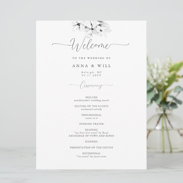 Modern Magnolia Art Black White Wedding Ceremony Program (Standing Front)