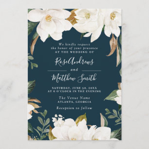 modern magnolia navy floral wedding invitation