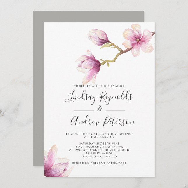 Modern Magnolia Wedding Invitation (Front/Back)