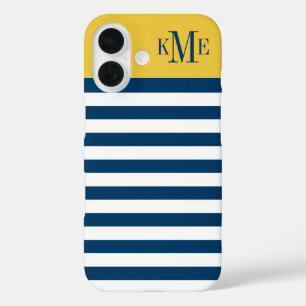 Modern Maize Yellow Navy Stripes Custom Monogram iPhone 16 Case