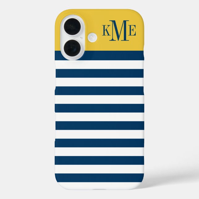 Modern Maize Yellow Navy Stripes Custom Monogram Case-Mate iPhone Case (Back)