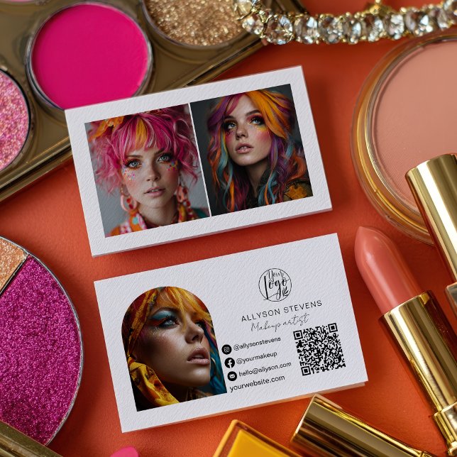 Modern makeup 3 photo Social Media Logo qr code Business Card (Modern makeup 3 photo Social Media Logo qr code Business Card)