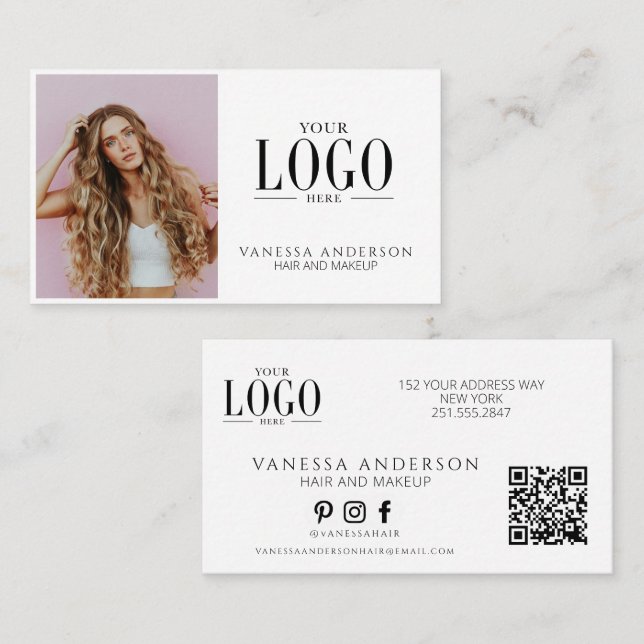 Modern Makeup Artist Hair Stylist Logo QR Code Business Card (Front/Back)