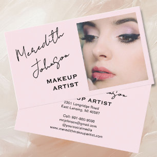 Modern Makeup Artist Pink Black Script Photo   Business Card