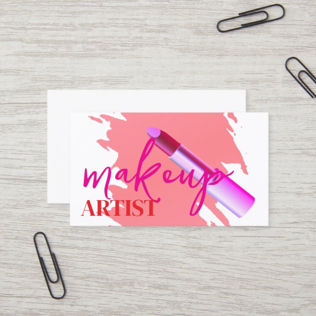 Modern Makeup Artist Pink Lipstick and Gold Business Card (Front/Back In Situ)