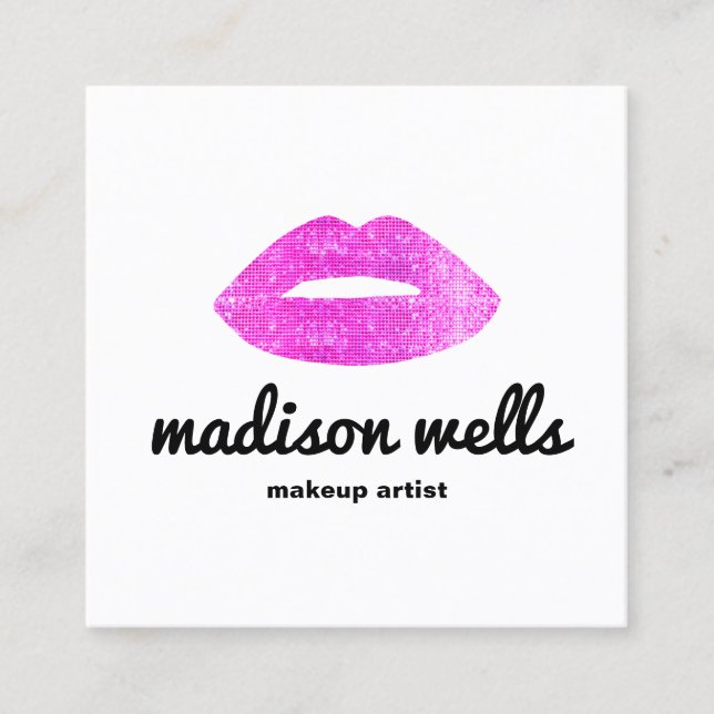 Modern Makeup Artist Pink Sequin Lips Square Business Card (Front)