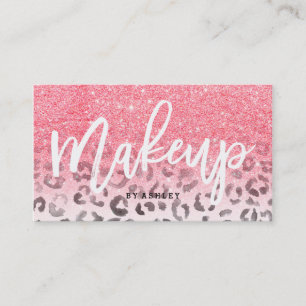 Modern makeup faux pink glitter leopard watercolor business card