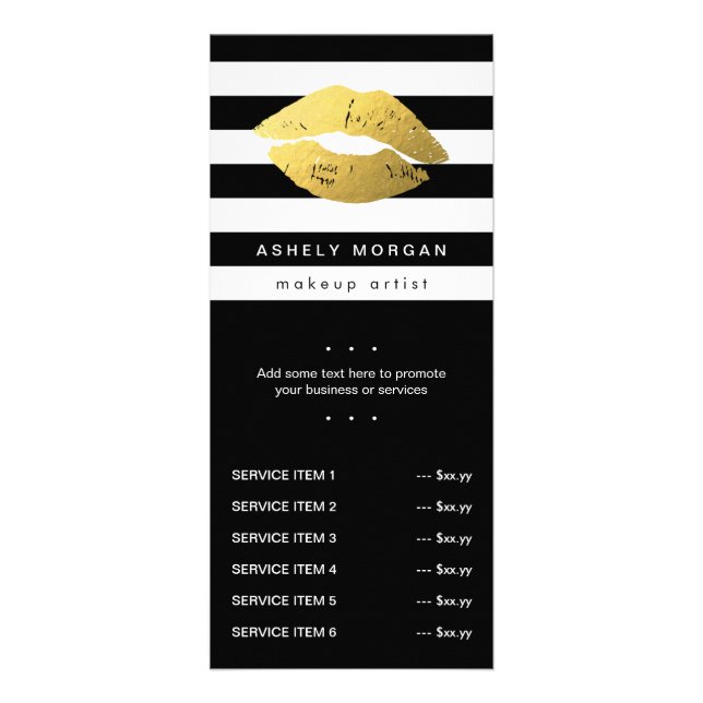 Modern Makeup Gold Lips - Chic Black White Stripes Rack Card (Front)