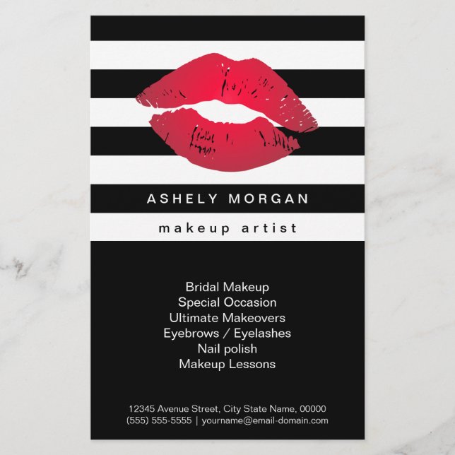 Modern Makeup Red Lips - Chic Black White Stripes Flyer (Front)