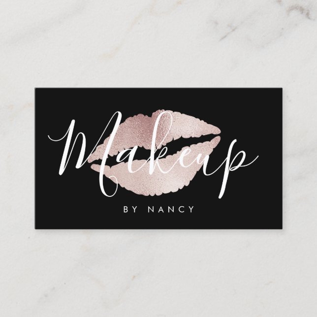 Modern Makeup Typography Rose Gold Glitter  Business Card (Front)