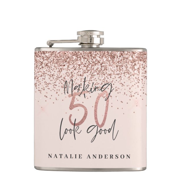 modern making 50 look good rose gold glitter hip flask (Front)