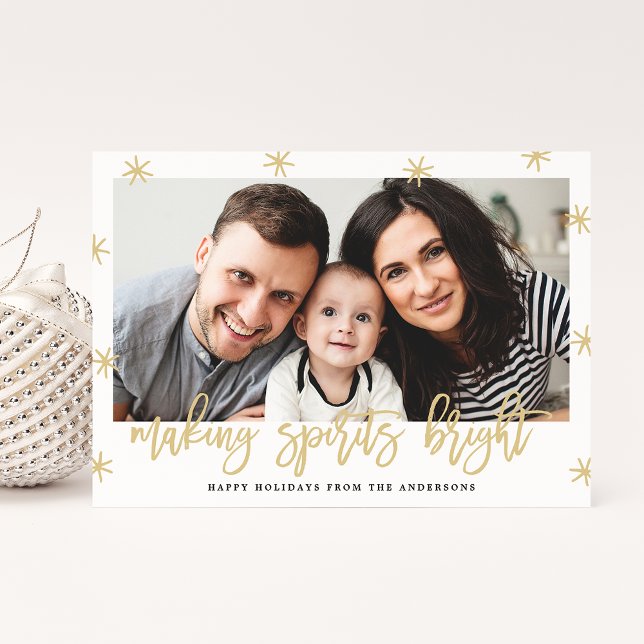 Modern Making Spirits Bright Gold Script Photo Holiday Card (Creator Uploaded)