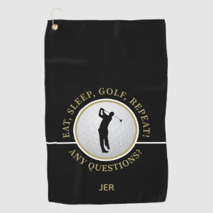 Modern Male Golfer Pro Golf Ball Quote Black Gold Towel